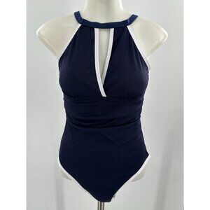 NWT Cupshe One Piece Swim Suit Navy Blue High Neck White Trim High Leg Small